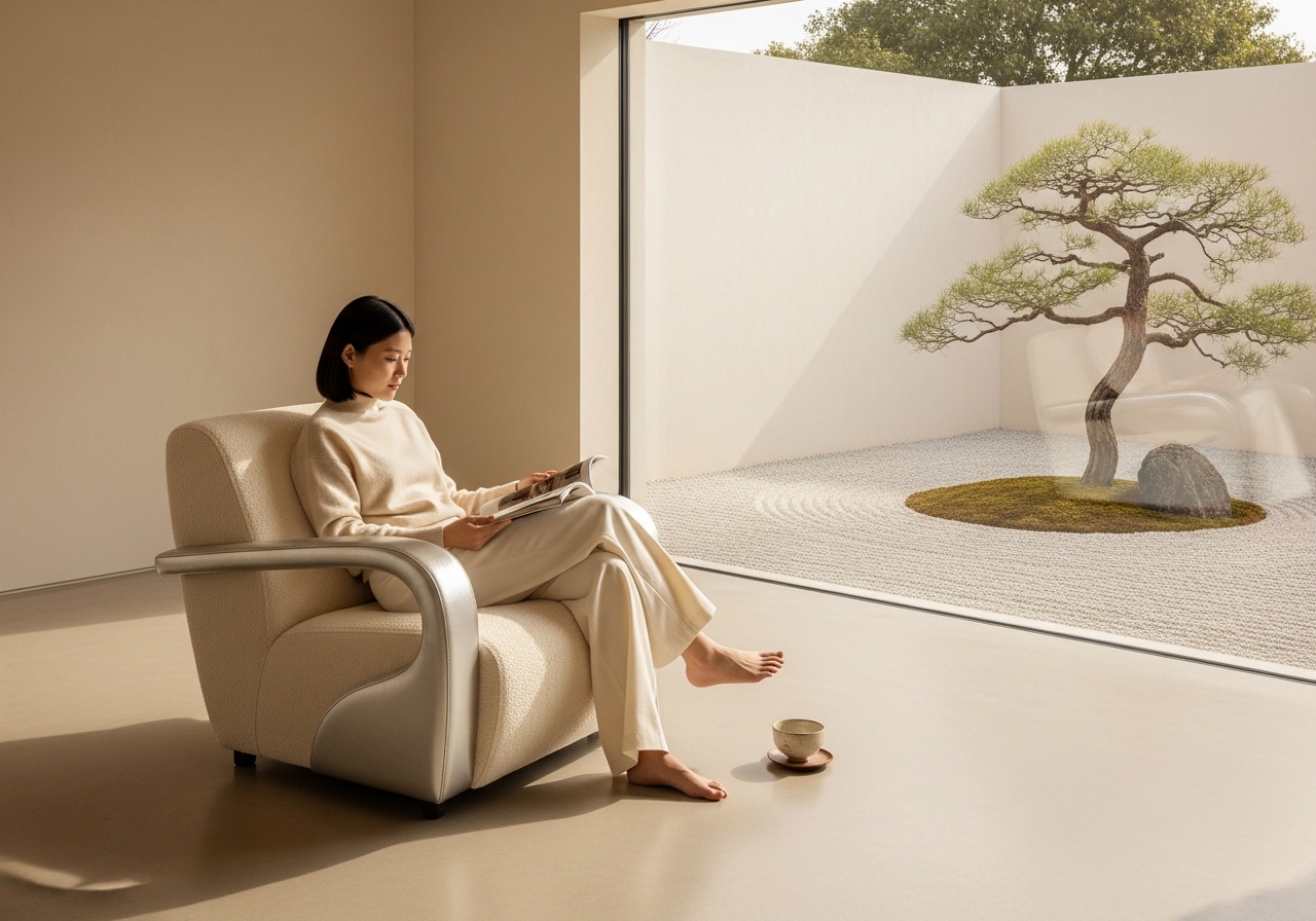 Ma Lounge Chair in Japanese interior — bouclé chair beside shoji screens